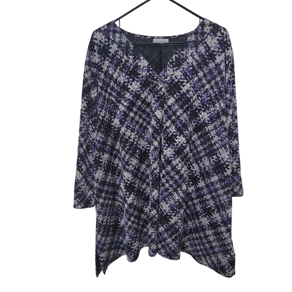 Catherines 4X Tunic Women Purple‎ Black Abstract Plaid Sharkbite V-Neck Top
